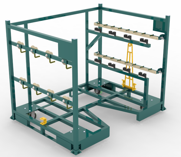 Modelo 3D de rack metálico verde com apoios internos e dispositivos de fixação.